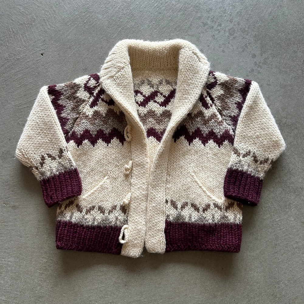 Vintage 60s Cowichan Cardigan Sweater Size Medium Cream Fair Isle Hand Knitted